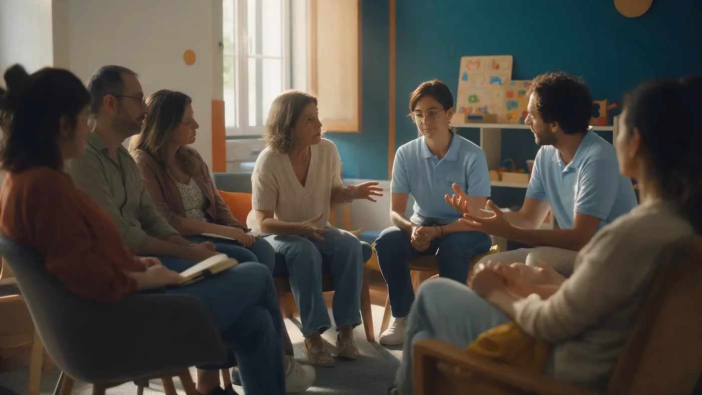 Pais e cuidadores sentados em roda numa sala acolhedora, a conversar com uma terapeuta de polo azul-claro, com puzzles infantis na estante ao fundo